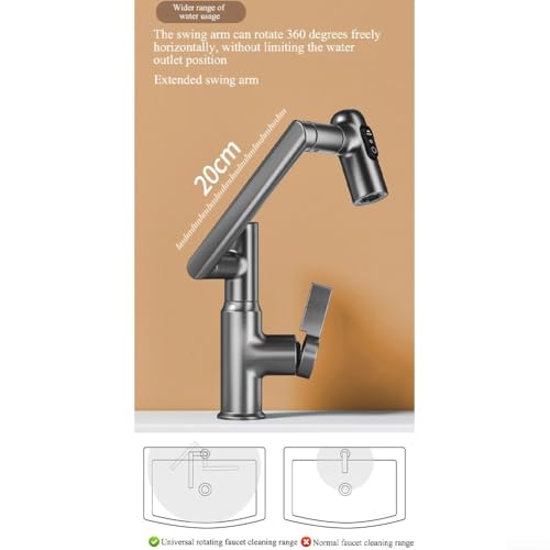 Mitigeur d'eau pivotant à 360° avec 3 modes de débit et écran LED gris - 7