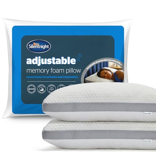 Silentnight Adjustable Memory Foam Pillow - Sink-In Luxury Shredded Filling - Ergonomic Support Help Ease Neck Pain - All Sleeping Positions - Breathable Hollowfibre Removable Cover (2 Pack)