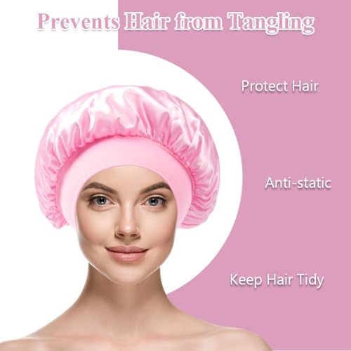 flintronic 2PCS Satin Haarhaube, Satin Seiden Schlafmütze, Nacht Schlafhaube, Schlafhaube Haare Schützen, Satinhaube Zum Schlafen, Für Damen Und Mädchen (Schwarz/Rosa)