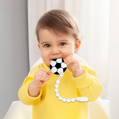 Image of Baby Food Grade Silicone Sport Ball Teether Toy with Pacifier Clip Holder,Teething Toys Gift Set for 3 Months+ Boys and Girls,Freezer Safe,BPA Free. (Soccer)