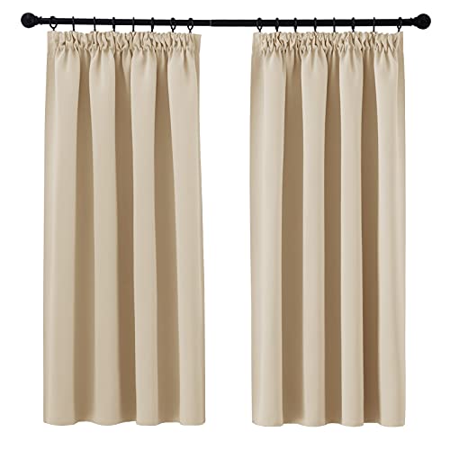 PONY DANCE Pleated Curtains for Bedroom with Hooks Beige Blackout Curtains 54 Inch Drop Thermal Window Curtains for Track Rail Short Curtains & Drapes, W46 X L54, 2 Panels, Biscotti Beige
