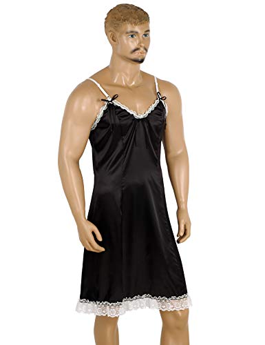 Mens Sissy Lingerie Satin Lace Trim Spaghetti Straps V-Neck Slip Dress Crossdress Chemise Sleepwear Black3