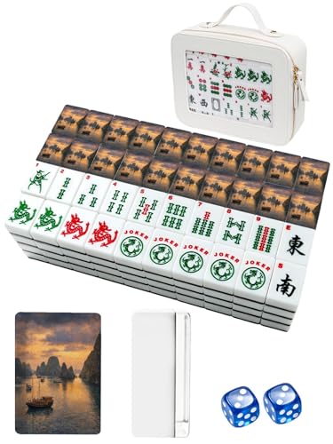 Kanworse American Mahjong Tile Set, 166 Island Halong Bay Sunset Cruise Vietnam Acrylic Engraved Travel Mahjong Set with Bag Dice Gifts for Mah Jongg Players Family Night