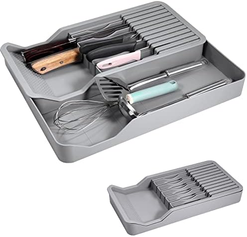 Knife Organiser, Knife Drawer Organizer for 11 Knives Kitchen Knife Holder Knife Storage Box Double Layer Can Be Pulled Out for Store Knives and Kitchen Utensils Space-Saving, Washable