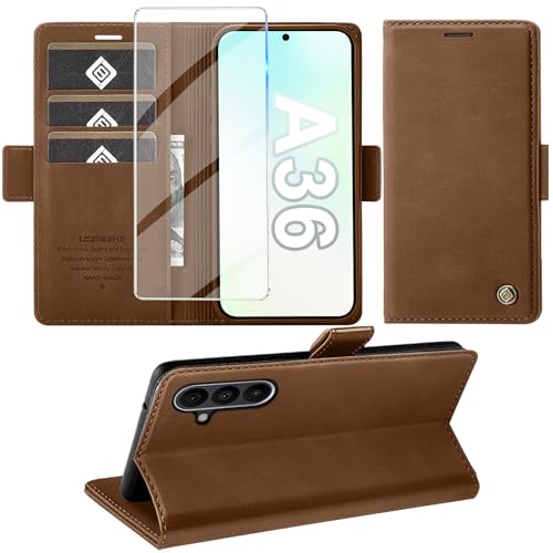 Étui rabat Samsung Galaxy A36 5G marron antichoc et film écran verre trempé cuir