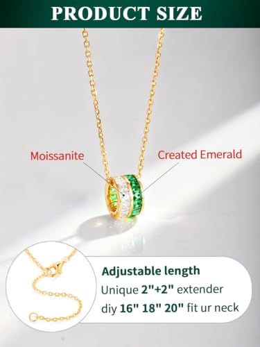 Wyyxl Sparkling Circle Diamond Necklaces 16-20 Inch Slide Chain Yellow Gold Filled Sterling Silver Princess Cut Moissanite and Emerald Pendant Necklace for Women — view 3