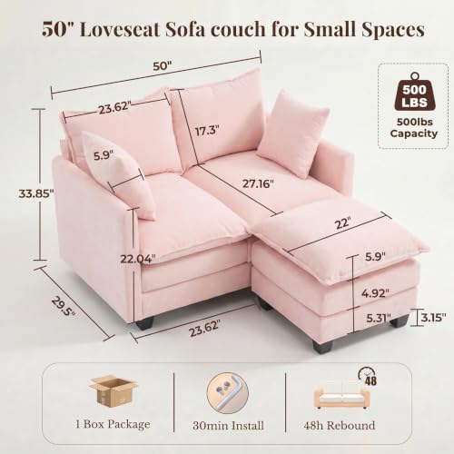 Image of KYJ Cloud Loveseat Sofa Couch with Ottoman 3 Layer Cushion for Small Spaces | 50 inch Chenille Small Sofa, 27 inch Deep Seat, 2 Washable Pillow, in a Box for Bedroom & Living room, Singles, Couple & Kid, Pink