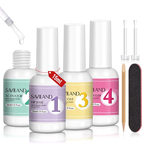 Saviland 4+4pcs Dip Powder Liquid Set:15MLx4 Dipping Powder Liquid Set with Dip Base & Top Coat Dip Activator Brush Saver Nail Dip liquid Nail Tools Starer Kit French Manicure Starter Set