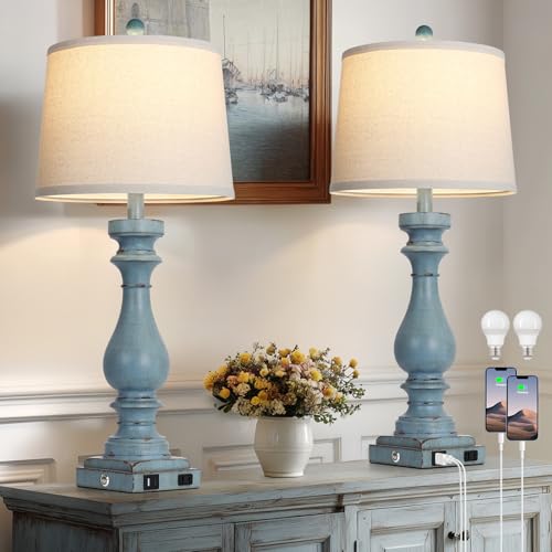 Cinkeda 29" Tall Table Lamp for Living Room Set of 2,Coastal Bedside Nightstand Lamps with USB C+A Ports & AC Outlet,3-Way Dimmable Touch Control Retro Blue Desk Lamp for Bedroom,Color 3