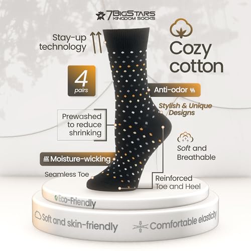 7BigStars Women Crew Socks - Fun Cotton Socks for Women, Colorful and Cute Designs, 4 Pairs Breathable Casual Dress Socks2