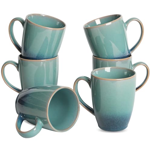 Bosmarlin Ceramic Coffee Mug Set of 6, 15 Oz, Coffee Cups with Big Handle, Microwave and Dishwasher Safe (Pale Green, 15 Oz)