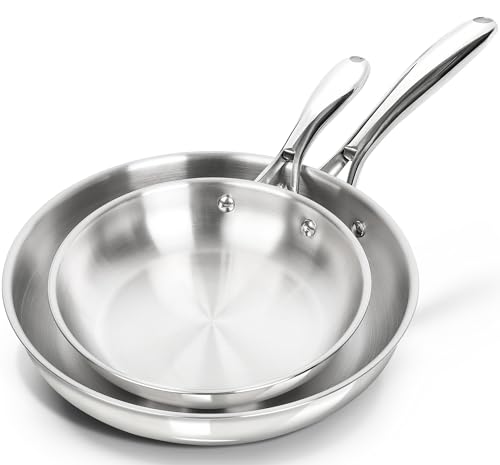 MICHELANGELO Stainless Steel Frying Pan Set, 20cm, 26cm Steel Pan Set with Triply Base, Stainless Steel Skillet with Ergonomic Handle, Induction Compatible