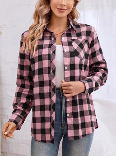 Image of SANGTREE Women and Girls Long Sleeve Flannel Casual Button Down Plaid Shirt