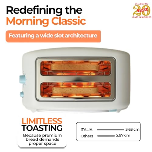 Image of ITALIA 2 Slice Pop-up Toaster | 750W Bread Toaster with 6 Browning Levels, Auto Pop-up, Anti-Jam Safety, Easy Clean, Compact Design - White & Mint