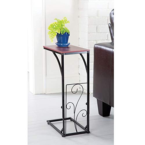 Etna Adjustable Height Sofa Side End Table -Brown Wood Top, Black Metal Scroll Design - C-Shaped Tv Tray Slides Up To Couch, Chair, Recliner #TOP1