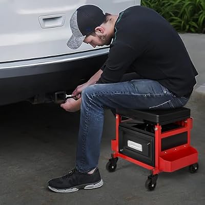 M-AUTO Mechanic Stool Garage Rolling Tool Chest Seat w/Drawer & Tray, 350LBS Capacity Multi-Function Adjustable Height Mechanic Creeper Seat for Projects Inside The Garage and Workshop, Red