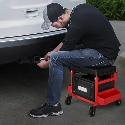 M-AUTO Mechanic Stool Garage Rolling Tool Chest Seat w/Drawer & Tray, 350LBS Capacity Multi-Function Adjustable Height Mechanic Creeper Seat for Projects Inside The Garage and Workshop, Red
