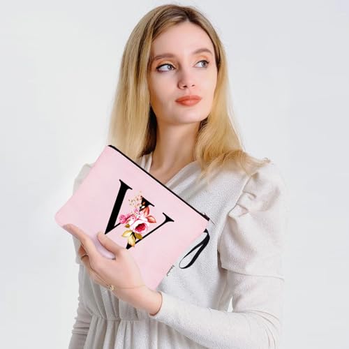 Image of Vavabox A-Z Personalized Makeup Bag, Birthday Gifts for Women Mom, Gifts for Best Friend, Bride Bridesmaid Cosmetic bag (W, 06-Pink)