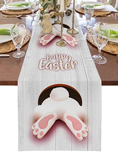 Chic D Easter Table Runner 13x70inch, Bunny Tail Cotton Linen Spring Table Cloth Runners for Wedding Party Dinning Coffee Holiday, Farmhouse Style, Rustic Wood