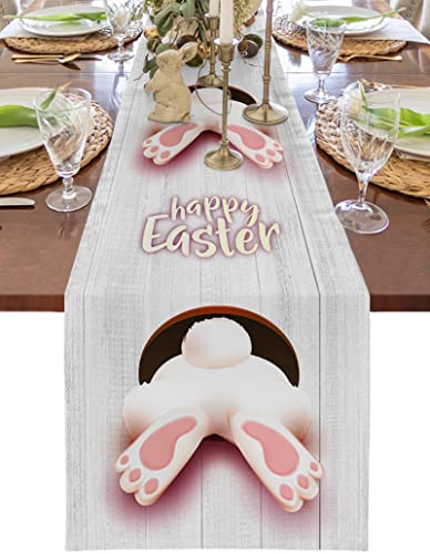 Chic D Easter Table Runner 13X70Inch, Bunny Tail Cotton Linen Spring Table Cloth Runners For Wedding Party Dinning Coffee Holiday, Farmhouse Style, Rustic Wood #TOP3