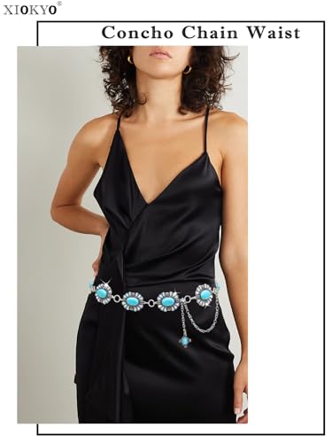 Bling Rhinestone Concho Belt Silver Metal Boho Turquoise Belts Western Crystal Waist Chain Belt for Women Dress4