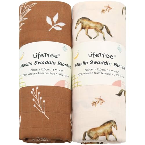 Image of LifeTree Baby Swaddle Blankets, Boys Girls Muslin Swaddling Wrap Receiving Blanket for Newborn, 70% Viscose from Bamboo and 30% Cotton, Large 47" x 47", Horse & Leaf