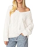 IWD Oversized Sweaters for Women Cable Knit Off The Shoulder Sweater V Neck Long Sleeve Pullover Tops 2025 Trendy Cream, Medium