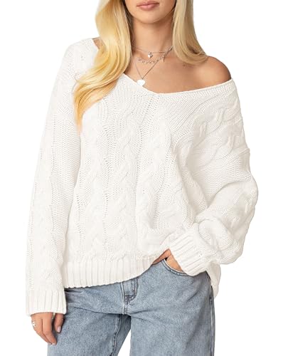 IWD Oversized Sweaters for Women Cable Knit Off The Shoulder Sweater V Neck Long Sleeve Pullover...