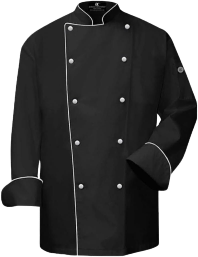 BUDGETTHEMES Men's Chef Jacket/Light Weight Chef Coat With Contrast Black Piping (Black, White) Pack of 2 Combo