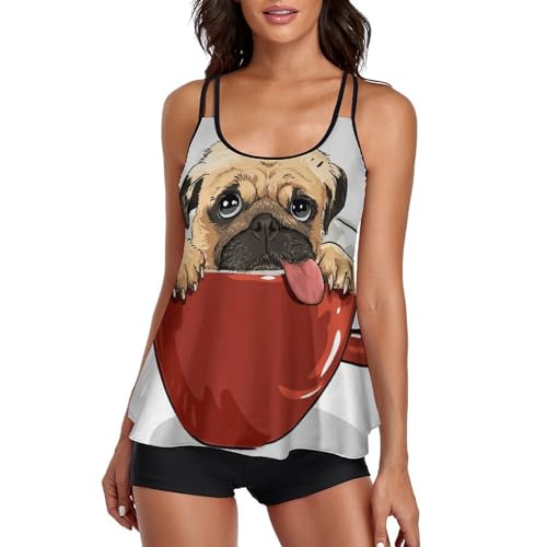Maillot de Bain Tankini Femme pour Vacances d'Été Red Cup Dog Ensemble Bikini avec Short