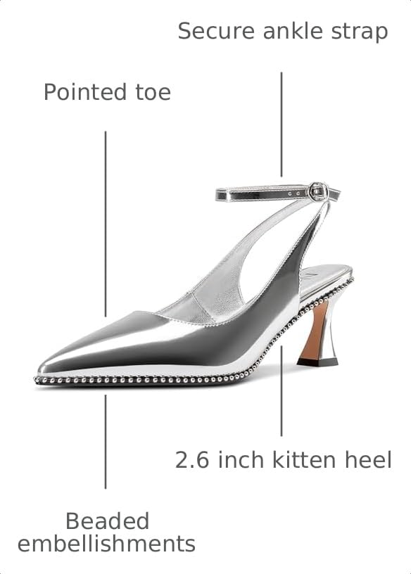 Image of NobleOnly Womens Slingback Heels Beaded Pumps Ankle Strap Pointed Toe Kitten Heels Dress Shoes 2.6 Inches