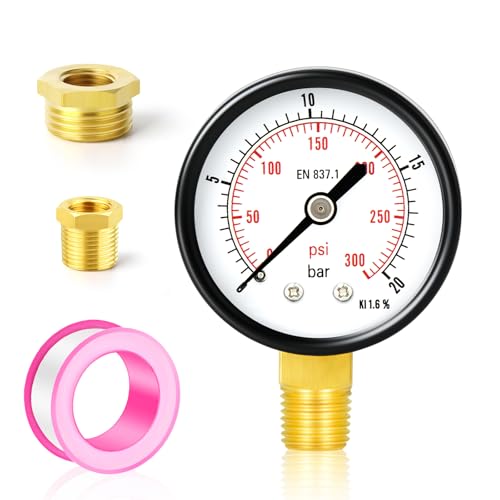 TAILONZ PNEUMATIC 0-20 Bar 2 Dial 1/4 BSP Well Pump pressure gauge with 1/2 BSP and 3/8 BSP brass bushing adapter, 3-2-3% accuracy, lower bracket