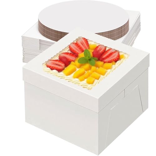 IRELINM 20 Stück Tortenbox 25x25x20 cm Hohe Kuchenverpackung Kuchenplatte 10 Boxen + 10 Teller – Tortenkarton Kuchenboxen Einweg-Aufbewahrungsbox für Bäckerei, To-Go, Kuchen-Transportbox Torten
