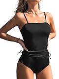 CUPSHE Damen Tankini Set Camisole Geraffte Kordelzug High Waist Tankini Bademode Gerippte Textur Zweiteiliger Badeanzug Swimsuit Schwarz L