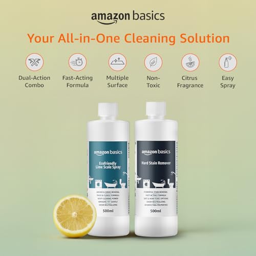 Image of Amazon Basics - Hardstain & Descaler Eco-Friendly Cleaning Spray Combo | 500ml Each (Pack of 2) | Citrus Scent | for Kitchen & Bathroom Use