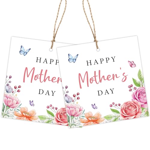 60Pcs Happy Mothers Day Gift Tags with String, 2.5" x 2.5" Mother's Day Tags Square Hanging Gift Labels for Wrapping Boxes Bags Packages Decor