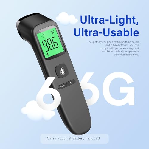 Image of Viproud Touchless Thermometer for Kids and Adults, 1-Second Reading, Black | Large LCD with 3-Color Backlight, Fever Indicator, Mute Mode, Memory Recall, Dule Mode Forehead /Object, for All Ages