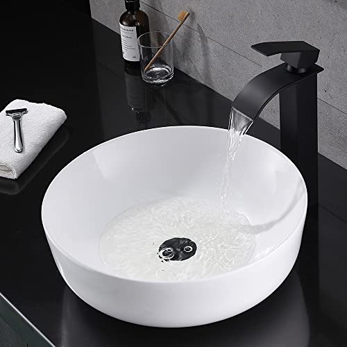 Round White Vessel Sink And Faucet Combo- Wesliv 16"X16" Above Counter White Porcelain Ceramic Vessel Vanity Sink Art Basin With Black Faucet And Pop-Up Drain Combo #TOP2