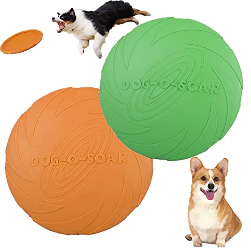 2Pcs Dog Frisbee, Frisbee Dog Toy, Dog Frisbee Indestructible, 7 Inch Flying Saucer Frisbee Dog Toy, 100% Non-toxic Rubber Frisbees, Dog Frisbee for Natural Rubber Training Pet Chew Toy(Green, Orange)