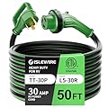ISLEWIRE 30 Amp 50 Feet RV Power Cord, Heavy Duty 10 Gauge STW Cord with LED Power Indicator Twist Connector, NEMA TT-30P to L5-30R with Cord Organizer for RV Trailer Campers, Black&Green, ETL Listed