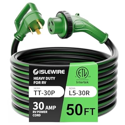 ISLEWIRE 30 Amp 50 Feet RV Power Cord, Heavy Duty 10 Gauge STW Cord with LED Power Indicator Twist Connector, NEMA TT-30P to L5-30R with Cord Organizer for RV Trailer Campers, Black&Green, ETL Listed