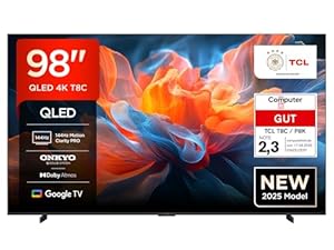TCL 98T8C 98 Zoll QLED 4K HDR Ultra HD Fernseher, Smart TV mithilfe von Google TV (Dolby Vision & Atmos, 144Hz Motion Clarity Pro, FreeSync, Onkyo 2.1 Sound, Sprachsteuerung)