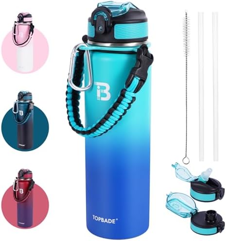 TOPBADE Edelstahl Trinkflasche 1000ml 2 Deckel(mit Strohhalm/Chug), Isolierte Wasserflasche 1Liter, Auslaufsichere Isolierflasche doppelwandig für Schule, Fitness, Outdoor, Fahrrad