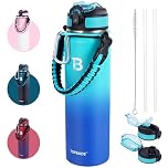TOPBADE 1000 ml Borraccia Termica con 2 Coperchi (Cannuccia & no Cannuccia), 1L Bottiglia Termica con Manico Paracord Senza BPA/Senza Perdite Borracce Acciaio Inox per Scuola, Sport, Palestra