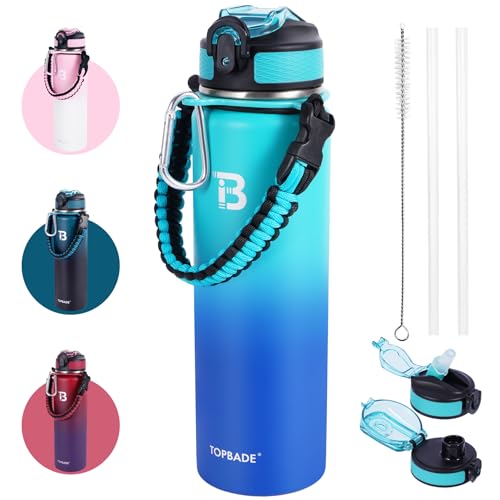 TOPBADE Edelstahl Trinkflasche 1000ml 2 Deckel(mit Strohhalm/Chug), Isolierte Wasserflasche 1Liter, Auslaufsichere Isolierflasche doppelwandig für Schule, Fitness, Outdoor, Fahrrad(Grün Blau)