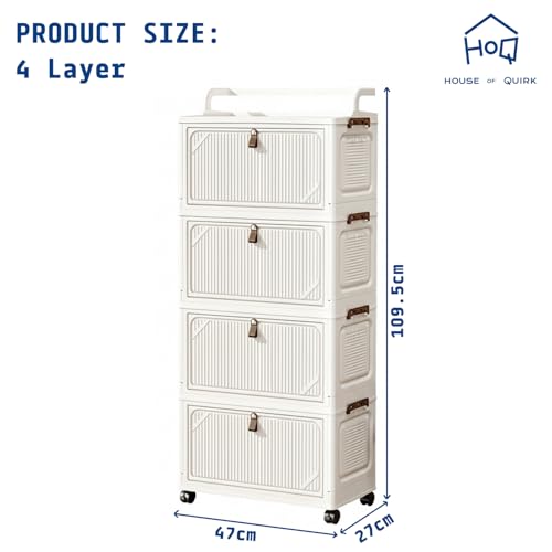 Image of House of Quirk Foldable Storage Box Cart with Wheels & Handle, Multi-Layer Stackable Plastic Storage Bins with Lid, Front Opening Door Organizer, Large Capacity Portable Cabinet (White, 4 Layer)