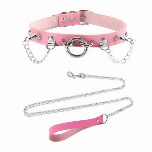 JewelryWe Leder Choker Halsband Damen Mit Leine  Pink Gothic Fetisch  Collar BDSM