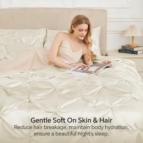 Image of BEDELITE Satin Comforter Set Queen Size, 7 Pieces Pintuck Bed in A Bag with Comforter, Flat Sheet, Fitted Sheet, Pillowcases, Shams, Soft Similar to Silk Bed Set for All Seasons (Ivory White)