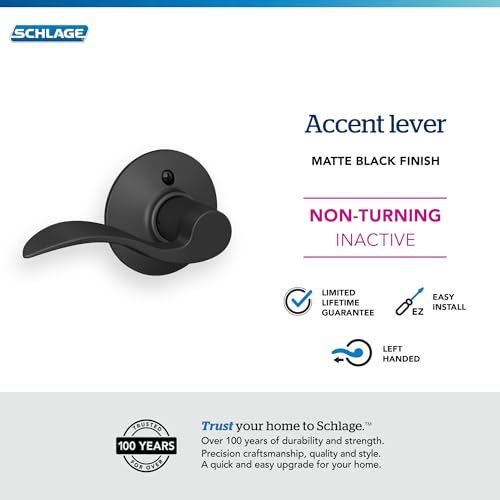 Image of Schlage F170 ACC 622 LH Left Handed Accent Door Lever, One Sided Non-Turning Dummy Door Handle, Matte Black