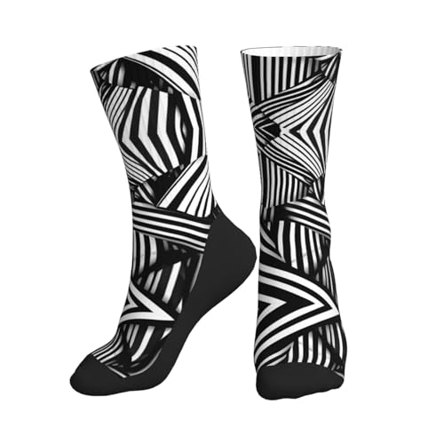 Crew Socks for Women Men Athletic - Black and white geometric lines Moisture Wicking Running Socks/Outdoor Recreation Mid-Calf
